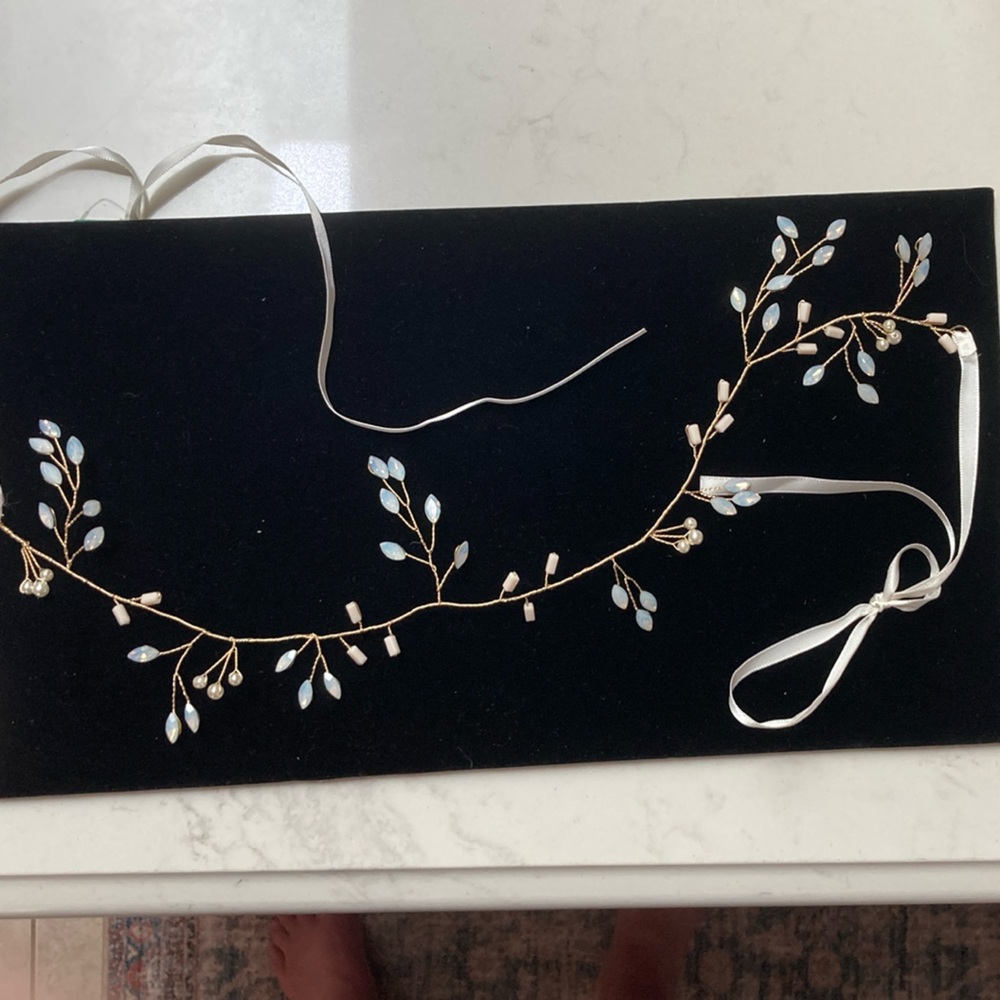 Delicate Gold and Moonstone effect Hair Vine with White Satin ribbon ties